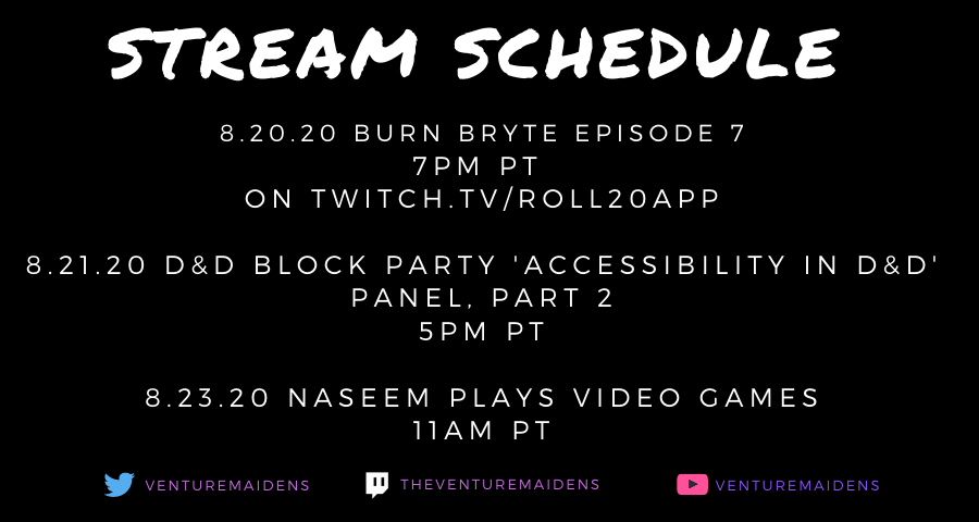 venturemaidens's tweet photo. We're taking our usual Wednesday off but we are so excited to return with the promised Part 2 of our #dndblockparty Accessibility In D&amp;D Panel on Friday!

Find us live here, and don't forget there's a ton of content exclusive to our Patreon 😘
#ventureaway
https://t.co/ojBo2atlhl https://t.co/xCAtkgdFwh