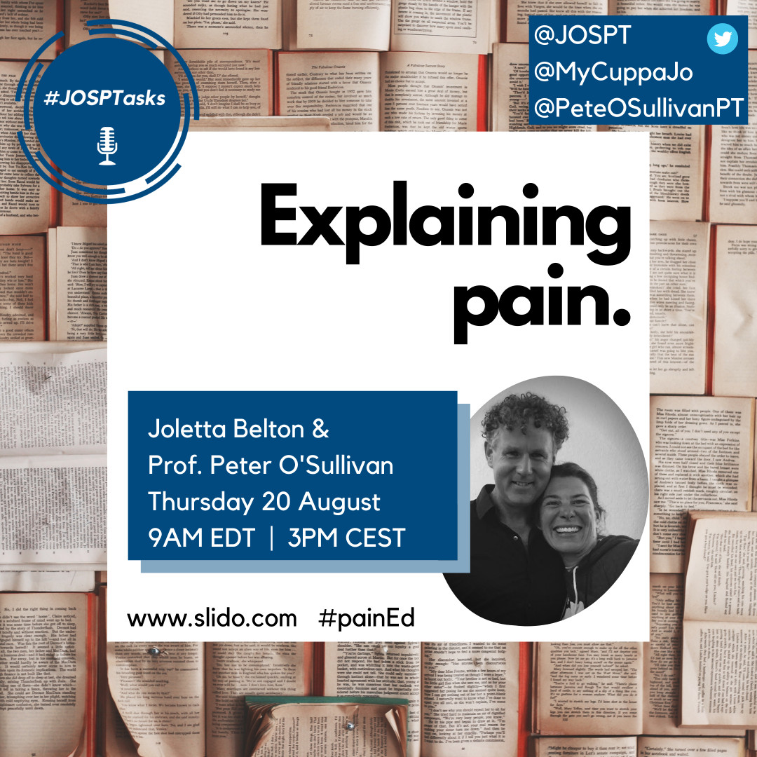 This week #JOSPTasks has not just one, but TWO guests for you!

Our own patient partnerships editor @MyCuppaJo &amp; <a href="/PeteOSullivanPT/">Peter O'Sullivan</a> 🙏

Have questions on how best to educate your patients on their pain experience 🤔

Get them on Sli.do NOW using #painEd

#yourJOSPT