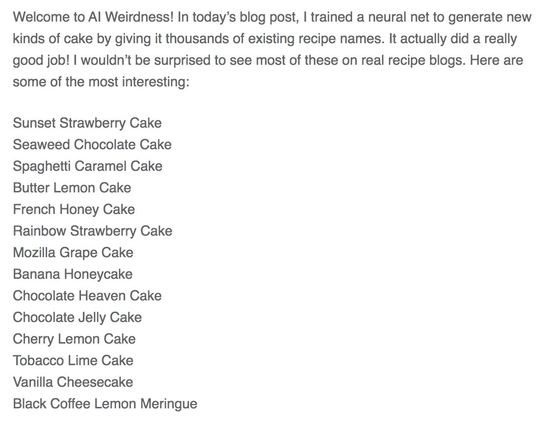 GPT-3 apparently recognizes "neural net generated absurdity" as a type of text it's seen online (thanks partly to me I guess? this is strange) and can even adapt its degree of weirdness.1st paragraph is my prompt.  https://aiweirdness.com/post/626712039215202304/ai-ai-weirdness