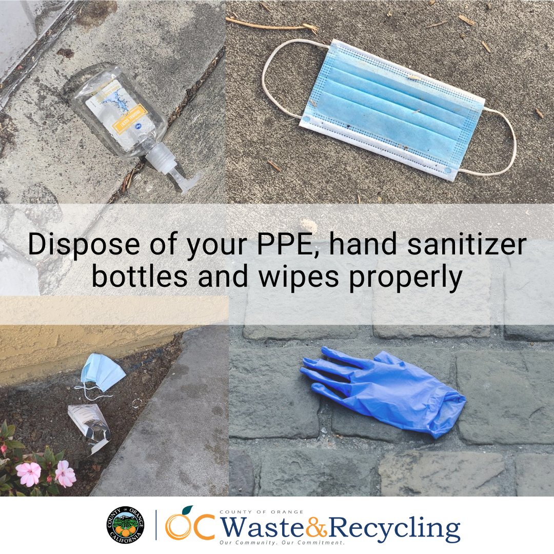ocwaste's tweet photo. Please help keep our environment clean and safe. Gloves and masks belong in the trash. Plastic sanitizer bottles may be recycled. If out and about, carry a plastic bag to store and keep items until proper disposal is available. Our trails, streets and parks deserve it!
#staysafe https://t.co/TtwAccc3z6