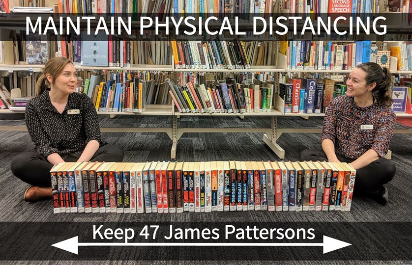 JP_Books's tweet image. Saw this on a librarian Facebook group and had to share.

If you are wondering how much you should social distance when in public, it&apos;s approximately 47 of my books apart!🤣