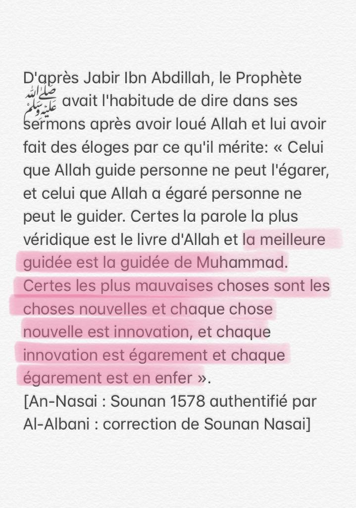 Tout d’abord il faut savoir que toute innovation en religion est interdite et est égarement.Que cette innovation concerne la croyance, comme les égarements des chiites, des khawarij ou des ash’arites ; ou bien qu’elle soit dans les actes d’adorations.