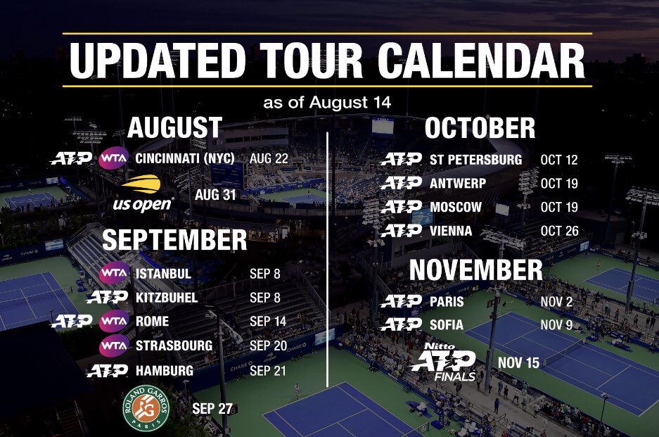 PowersorbTennis's tweet photo. Updated @atptour &amp; @WTA schedule!!! (As of August 14) 🎾🎾 🏆🏆 https://t.co/afWNDERMk4