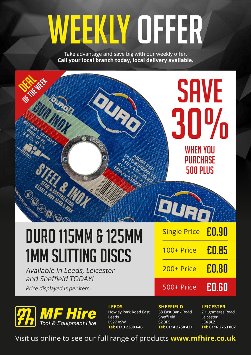mfhire's tweet photo. Our Weekly Offer of #Duro #slittingdiscs in stock at our #sheffield depot 

#Sheffieldissuper https://t.co/DROacxiqai