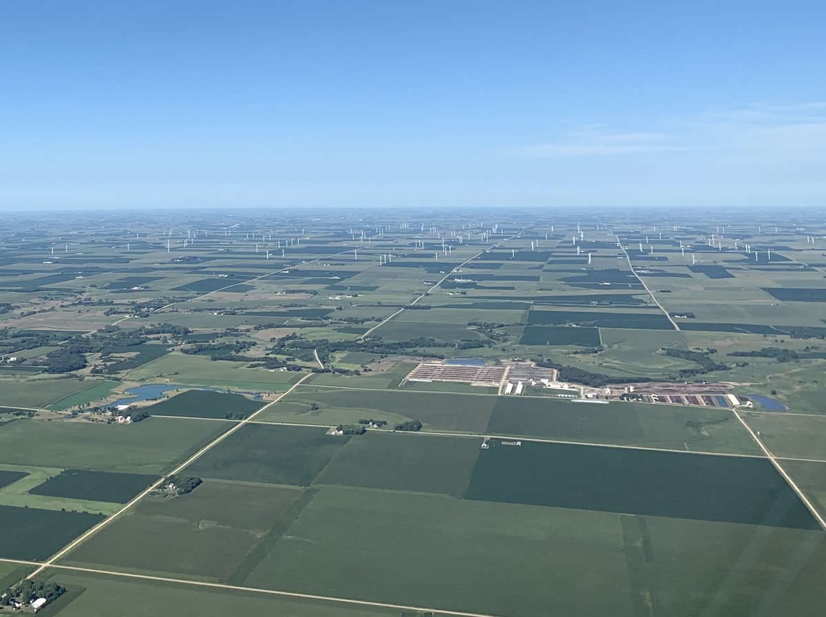 I've heard that some parts of the midwest have gone in big on wind power and saw plentiful evidence of this, with many wind turbines dotting the landscape of central Iowa. None appeared to have been damaged, though none were turning either - probably due to light winds that day.