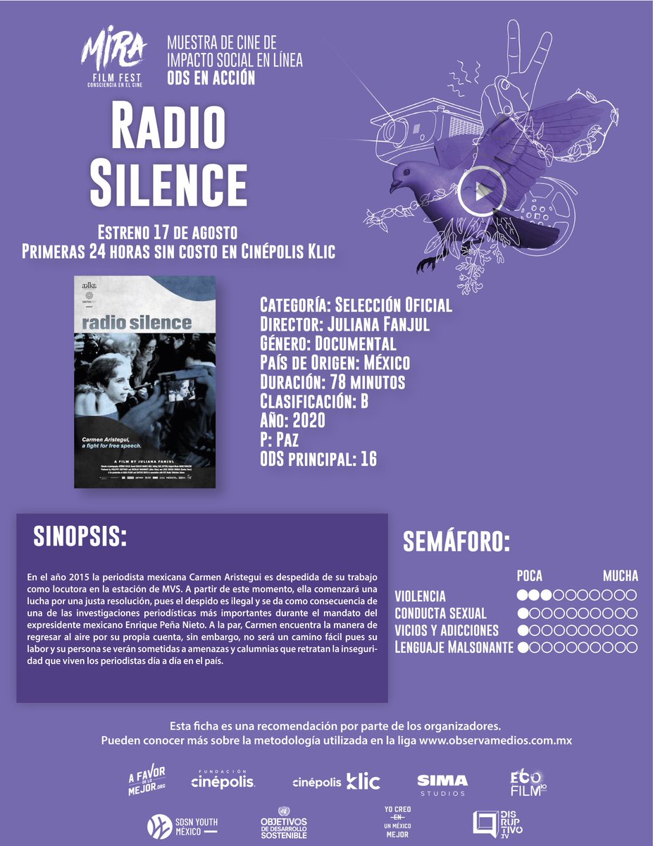 CINUmexico's tweet image. #MiraFilmFest 
Estreno: Radio Silence
La muestra del Mira Film Fest estará disponible en la plataforma de Cinépolis Klic® de forma exclusiva, del 17 al 30 de agosto.
#OdsEnAcción
@CinepolisKLIC  @sdsnyouthmx  @EcofilmFestival @DisruptivoTV  @afavordelomejor @SIMAawards