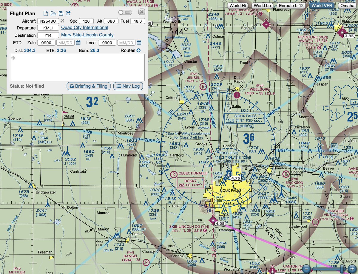 After almost 3 hrs, I landed at Lincoln Co airport in Tea, SD, just outside of Sioux Falls. It was an easy choice to stop there as the gas was 70 cents cheaper & it was a small easy-in-and-out non-towered airport. (airports w/out towers are magenta on the chart, those with blue)