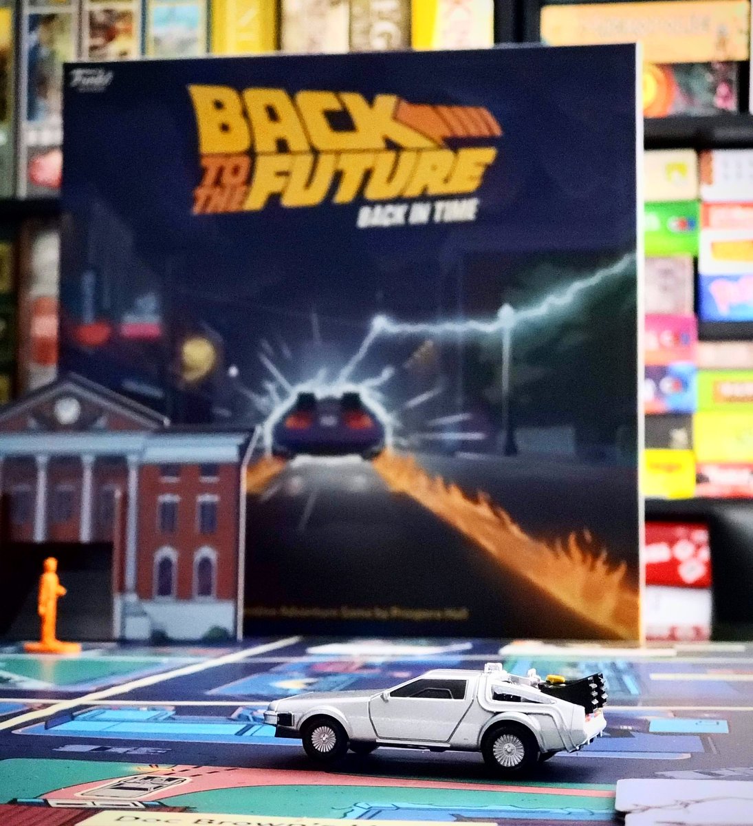 BoardGameGeek's tweet photo. Back to the Future:Back in Time!! New cooperative dice game from @FunkoGames! Love the challenges of getting Lorraine and George together as well as moving the DeLorean to its final location. - Steph @BoardGamerSteph #bgg #funkogames #backtothefuture #backtothefuturebackintime https://t.co/FBbGrb86iN