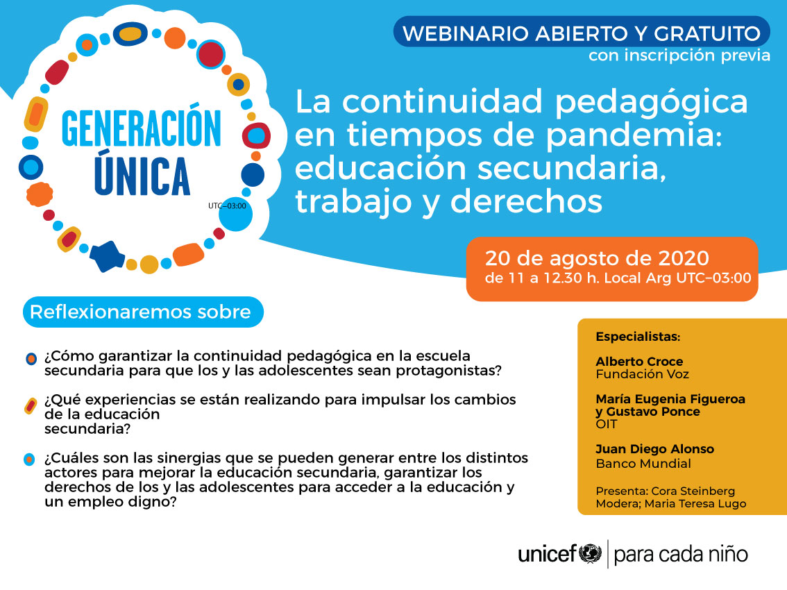 ¿Cómo será la continuidad pedagógica en el contexto #COVID19 para los y las adolescentes? 

El próximo 20/8, este webinario de #GeneraciónÚnica abordará la vinculación de la educación secundaria, los derechos y el trabajo.

Inscripción abierta en 👉🏽docs.google.com/forms/d/e/1FAI…