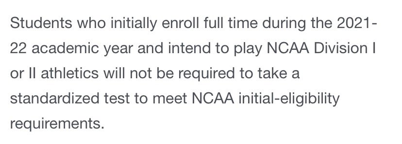 News: NCAA waives ACT/SAT requirement for eligibility for 2021-22 academic year. bit.ly/343eeca