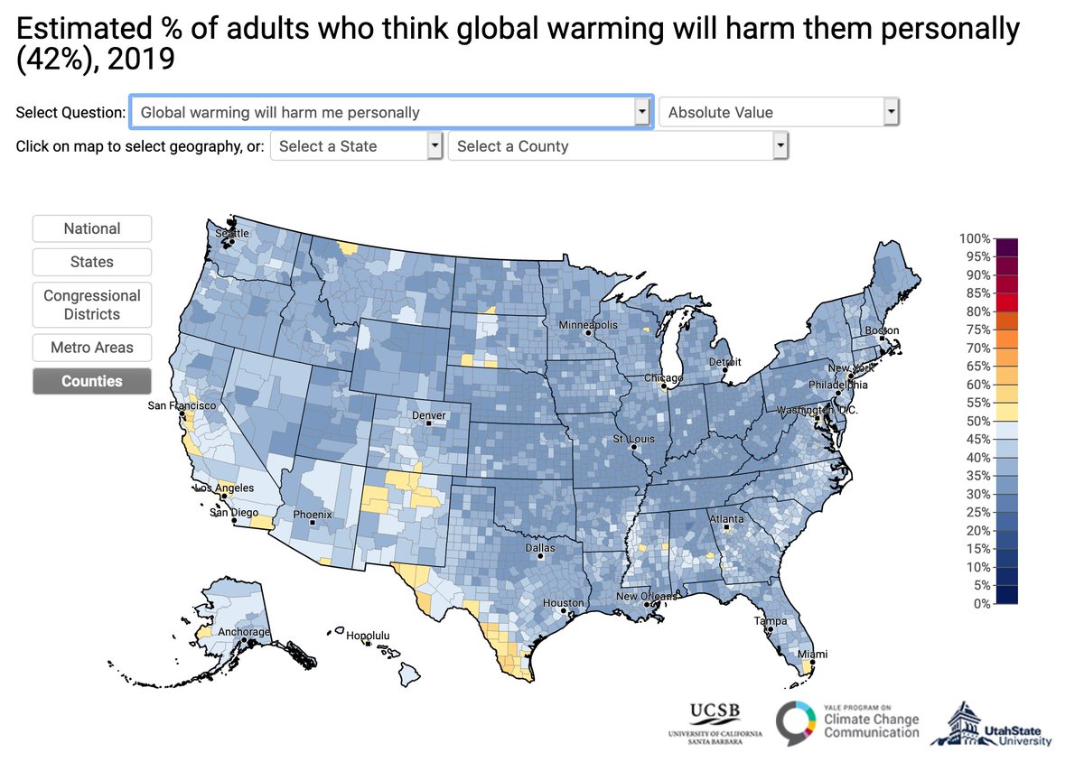 2/ So often we focus on whether or not people agree with the science. But as these insightful  @YaleClimateComm maps demonstrate, our real problem isn't what we think of the science: it's the fact that we don't think climate change matters to us. Source:  https://climatecommunication.yale.edu/visualizations-data/ycom-us/