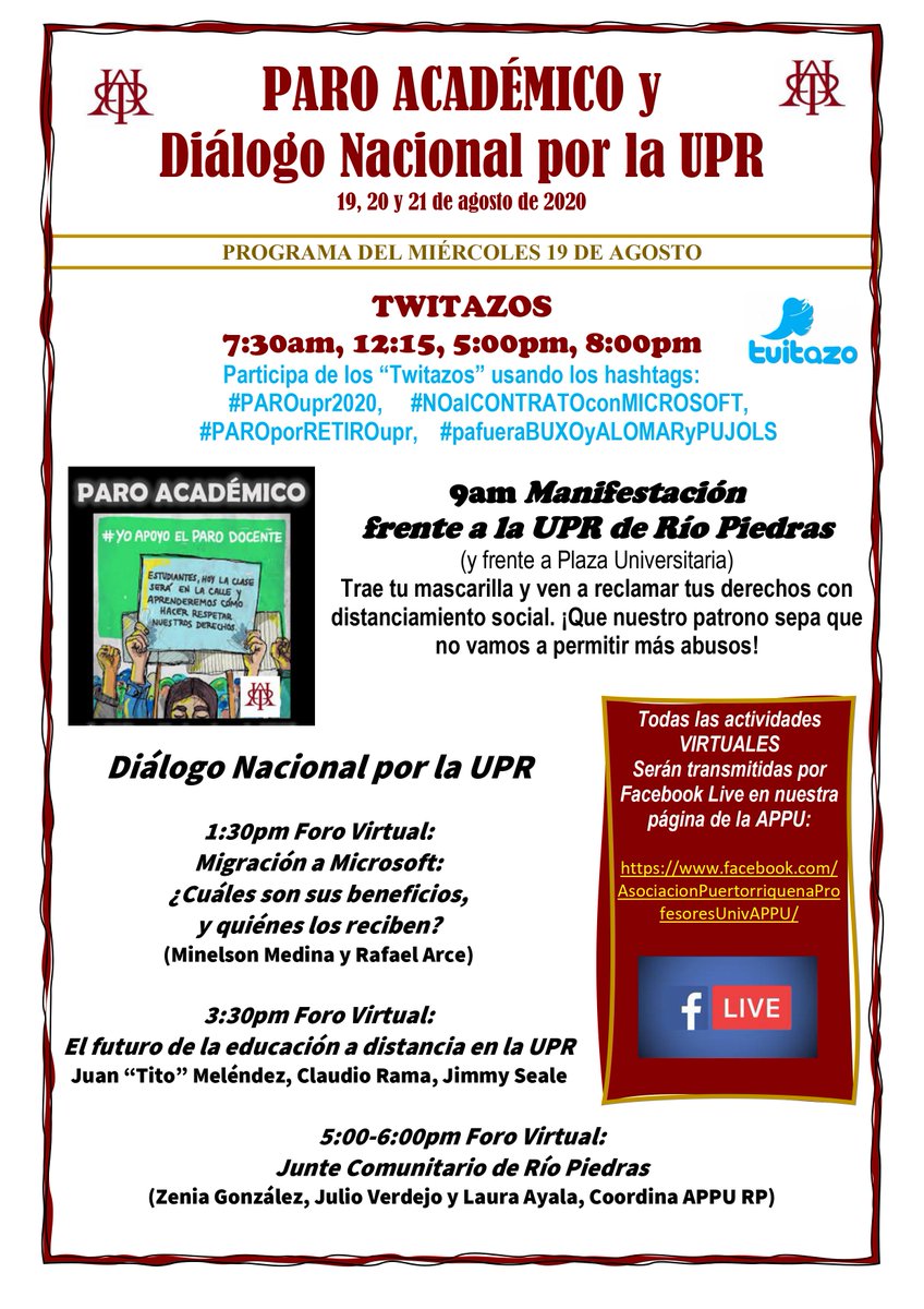 TWITTAZO MIERCOLES 19  #pafueraBUXOyALOMARyPUJOLS #NOalCONTRATOconMICROSOFT #PAROporRETIROupr #paroUPR2020 <a href="/appunacional/">Asoc Profesores Univ</a> @appu_rrp <a href="/AppuCayey/">APPU Cayey</a> <a href="/UPR_Oficial/">UPR</a> <a href="/ProfAlomar/">Prof. Walter O. Alomar-Jimènez</a> <a href="/manuelnatal/">Manuel Natal Albelo</a> <a href="/jayfonsecapr/">Jay Fonseca</a>