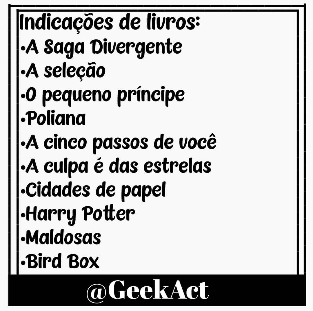 GeeekAct's tweet photo. Fica aí livros para vocês lerem enquanto estão na quarentena!! Gostou? Não esqueça de curtir e nos seguir!!
•
•
•
#birdbox #diversao #divergente #insurgente #convergente #aseleção #poliana #opequenoprincipe  #funk #Uniters #tiktok #anime #BLACKPINK #tiktok #netfilx #f4 #foryou https://t.co/n1fOeaILB9