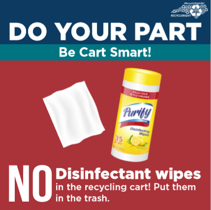 NCDEQ's tweet photo. Cleaning is important to prevent the spread of #COVID19, but those disinfectant wipes aren’t made of paper, so put them in the trash.🚮
They don’t belong:
❌ flushed down the toilet
❌ in the recycling bin
❌ on the street or sidewalk
#RecycleRightNC #COVID19NC #ProtectNC https://t.co/der01N5CZ9
