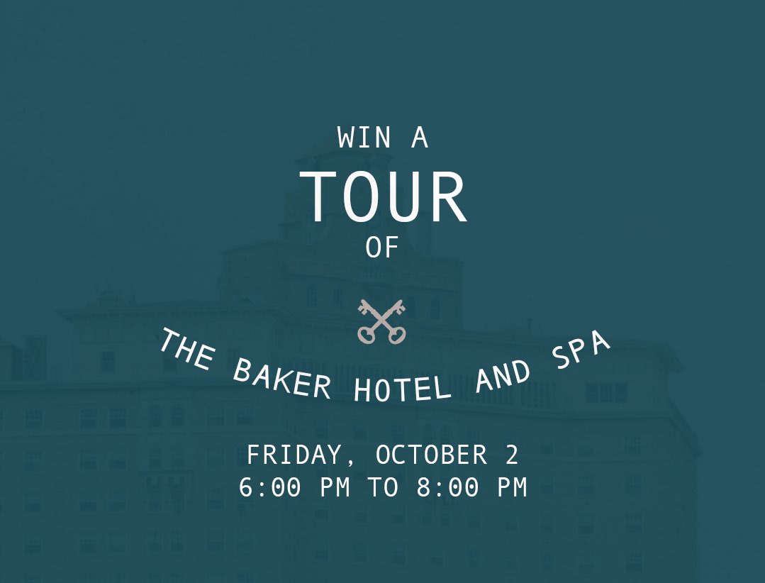 thebakerhotel's tweet image. Win a Tour - 3 people (+ one friend each) will be randomly selected for a FULL TOUR of The Baker Hotel and Spa. 

How to Enter:
1) Follow @thebakerhotelandspa on all social media accounts
2) Share this post
3) Tag 3 friends in the comments

August 24th - Contest deadline