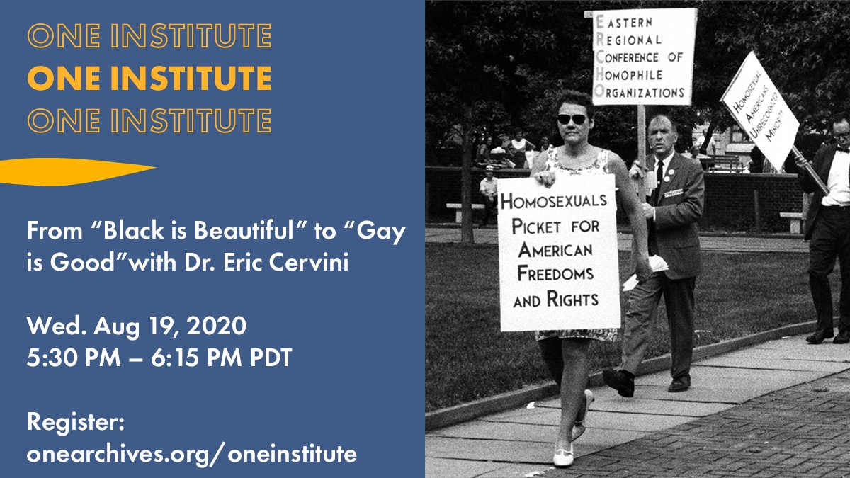 oneinstitutela's tweet photo. REMINDER ✨ Join us this Wednesday at 5:30pm PDT for our first #ONEInstitute course with award-winning historian @ericcervini. He will discuss the homophile movement of the 1960s, and how it was influenced by and borrowed from the Black Freedom movement. https://t.co/vkbuni9Bt2 https://t.co/WbJd4Q8lRX
