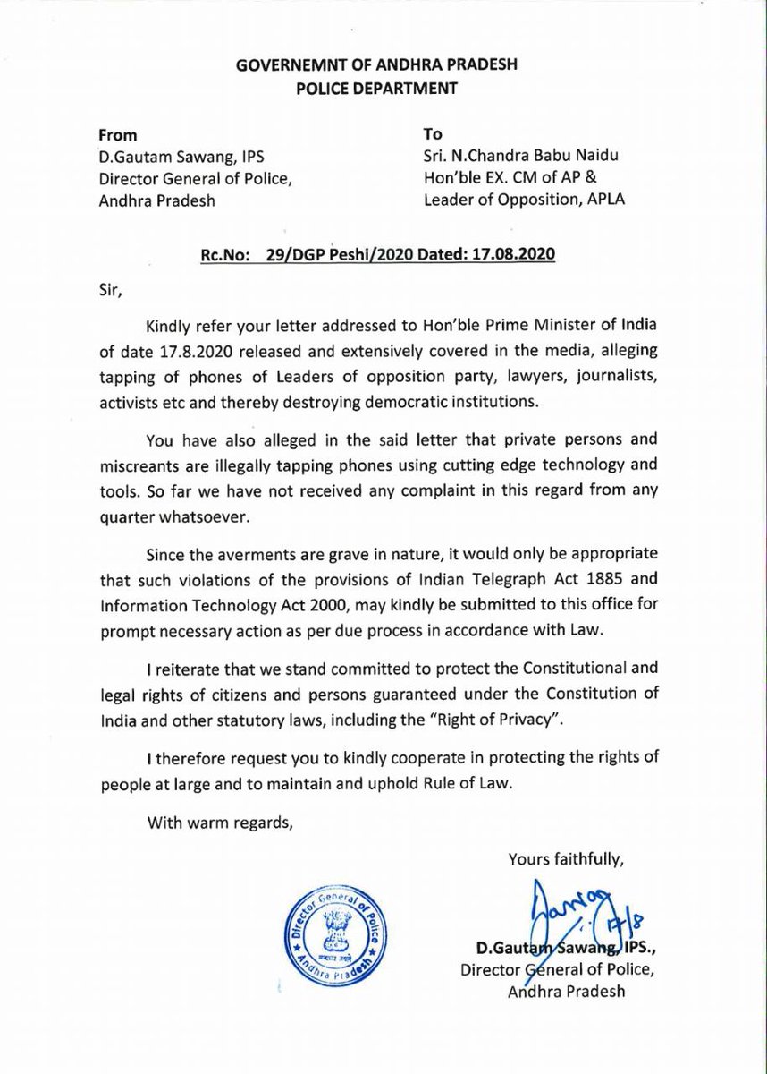 PavanJourno's tweet image. #PhoneTappingRow
#AndhraPradesh DGP Gautam Sawang wrote to #ChandrababuNaidu seeking info on allegations of phone tapping.
The DGP sought the ex CM's cooperation in protecting the rights of people &amp;amp; to maintain rule of law.
@MumbaiMirror @BangaloreMirror 
@ahmedabadmirror