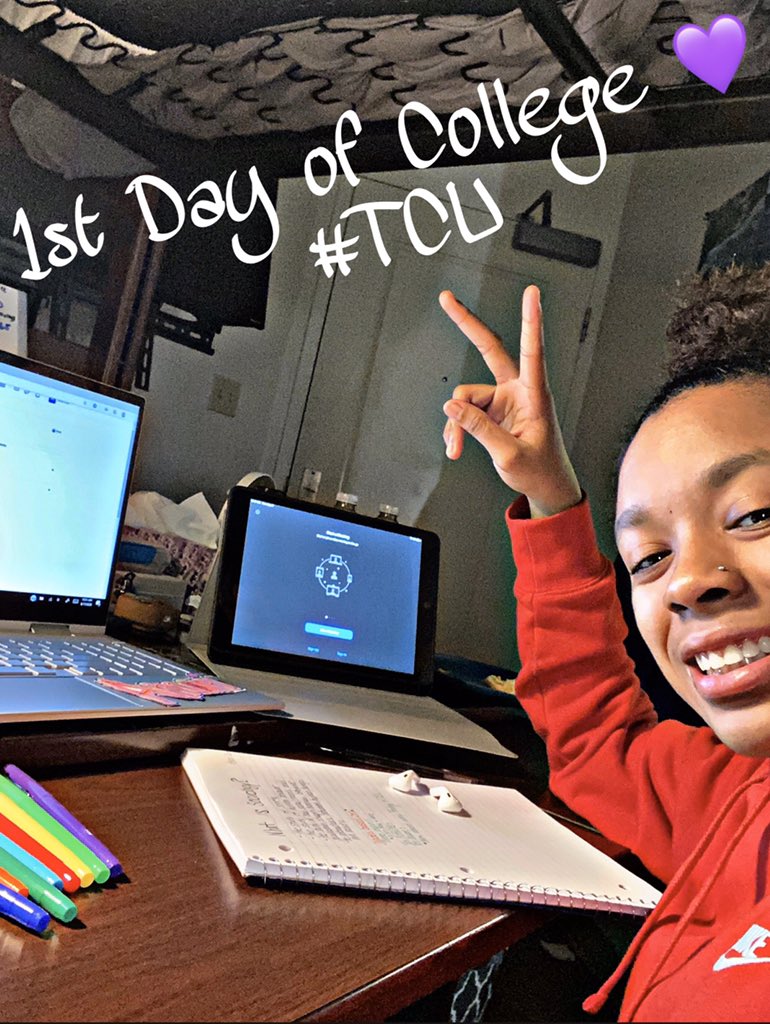 CoachFeesa's tweet photo. We never imagined your 1st yr of college starting off like this but you’ve taken it in stride! Optimism is one of your special traits‼️ Day One of College &amp; a lifetime of lessons awaits you! I love you! @AmariConn #CurlyHair #StraightTeeth #FaveDaughter #ColgateSmile 🥰🥰 https://t.co/0i0tMBQsam