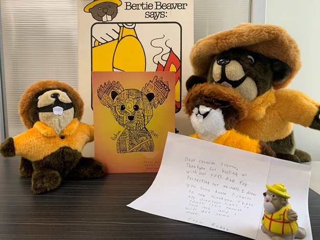 AlbertaWildfire's tweet photo. Did you know beavers and koalas get along famously? Check out this thank you all the way from Australia! We support partners around the world with firefighting efforts through our mutual aid agreements, and this winter we sent 34 support staff to help with Australia’s wildfires. https://t.co/qgXwXxf4Ki