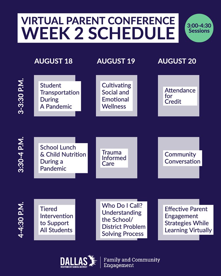 Week 2 of our Virtual Parent Conference starts tomorrow! Register for this week's sessions or watch last week's sessions on-demand 📲 dallasisd.org/smartrestartpa…