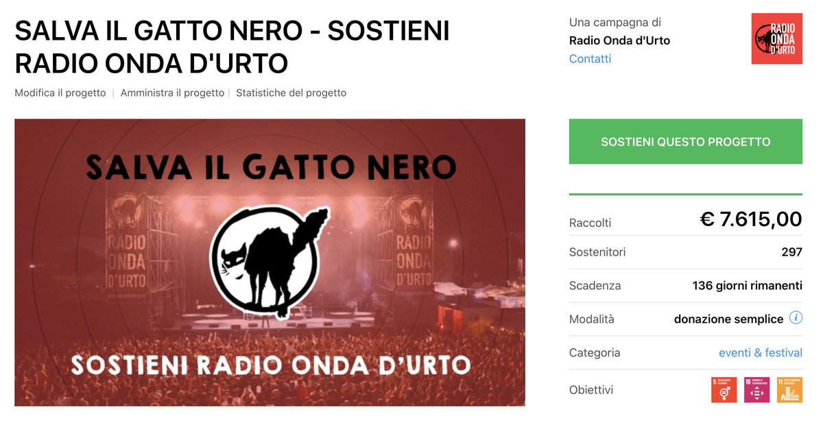 7615 euro raccolti, 297 sostenitori, la campagna SALVA IL GATTO NERO - SOSTIENI <a href="/radiondadurto/">Radio Onda d'Urto</a> prosegue. Entriamo in quella che sarebbe stata l'ultima settimana di festa: è il momento di far girare il link a <a href="/betapdb/">produzioni dal basso</a> come non mai, e di partecipare in massa. Anche 5 euro. DAIIIIII