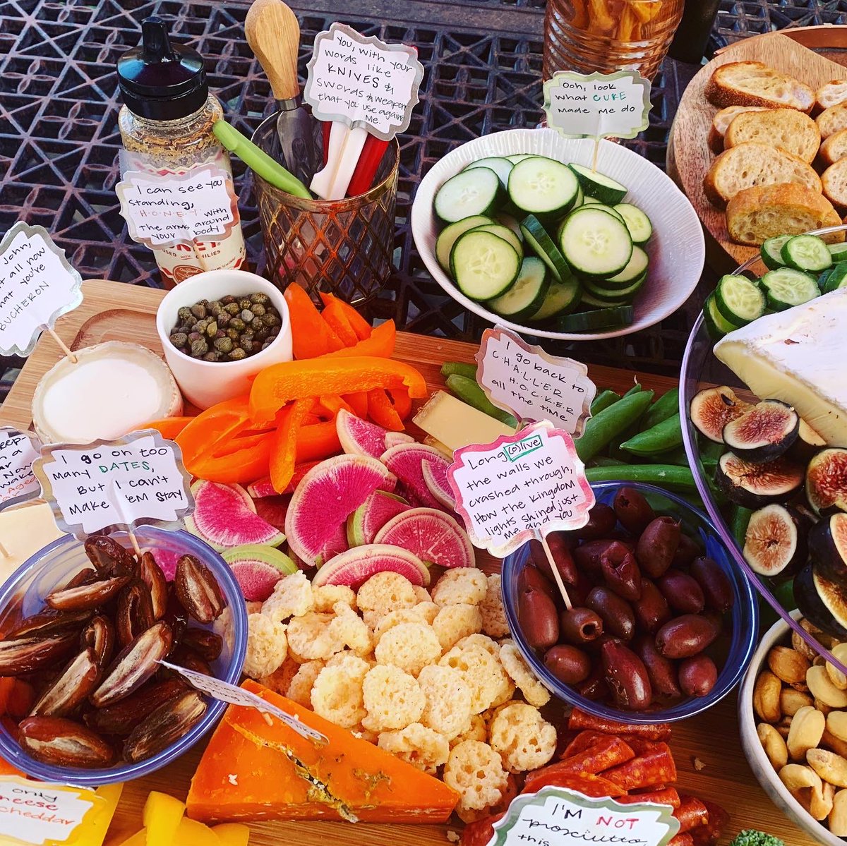 MaryCaroline12's tweet photo. Haven’t been on Twitter in forever but hopped on to share the @taylorswift13 inspired charcuterie board we made for @cravings  - we spent hours brainstorming tswift lyrics to use for the labels and made sure to have one from each album. It was the most fun I’ve had all year ❤️ https://t.co/V7mJ2t9EJ8