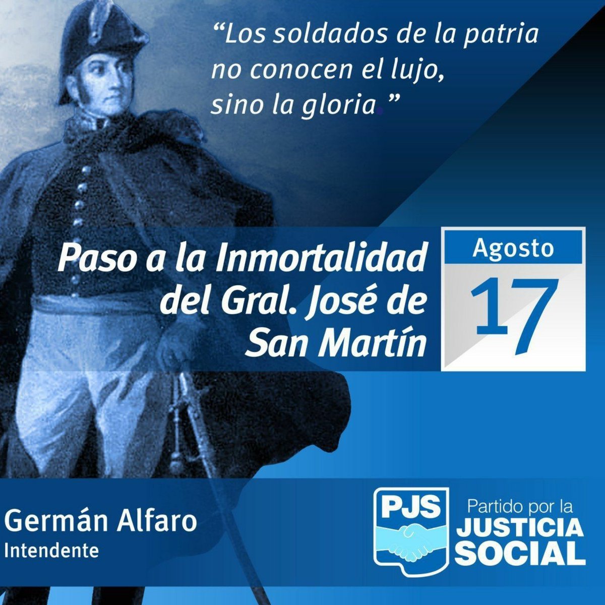 Desde nuestro partido conmemoramos un nuevo aniversario del paso a la inmortalidad del gran Padre de la Patria el Gral. José de San Martín

#SanMartin
#17deagosto #sanmartin #honor  #gloria #padredelapatria