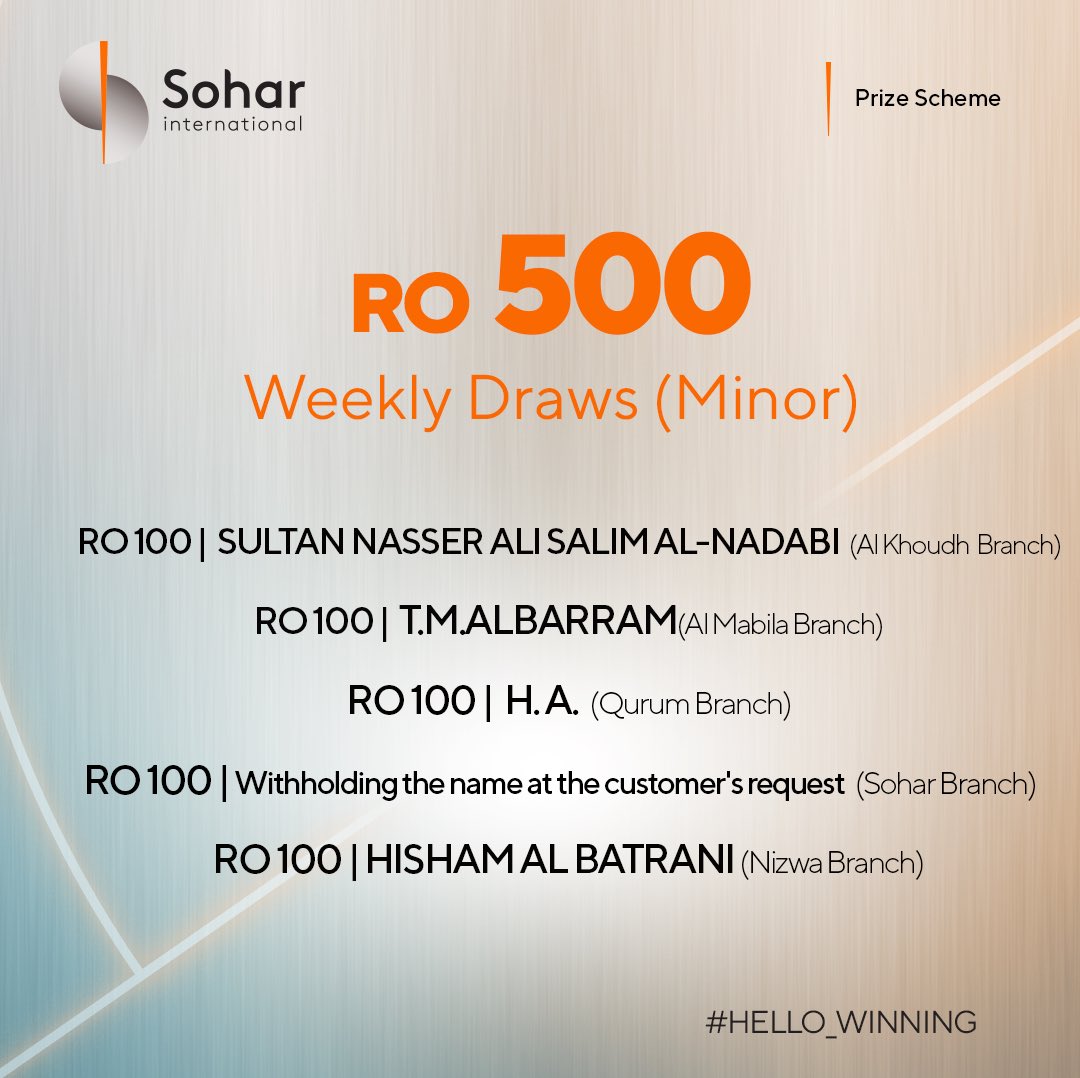 sohar_intl's tweet photo. Congratulations to our lucky weekly winners of our Sohar | Prize Scheme 2020!
Start saving today and stand a chance to be our next winner. For more information, contact us on
24730000 or visit 
https://t.co/xJpVZBGWta
#Hello_Winning https://t.co/WyjtYzYJ3R