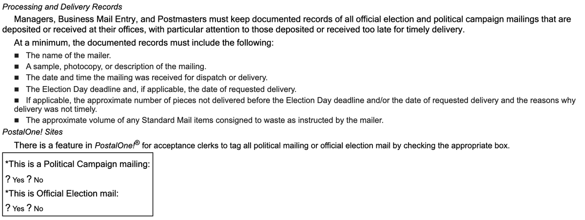 I found the USPS page that describes this process. Political mail is tagged & clerks have to process it differently.  https://about.usps.com/postal-bulletin/2014/pb22391/html/cover_003.htm
