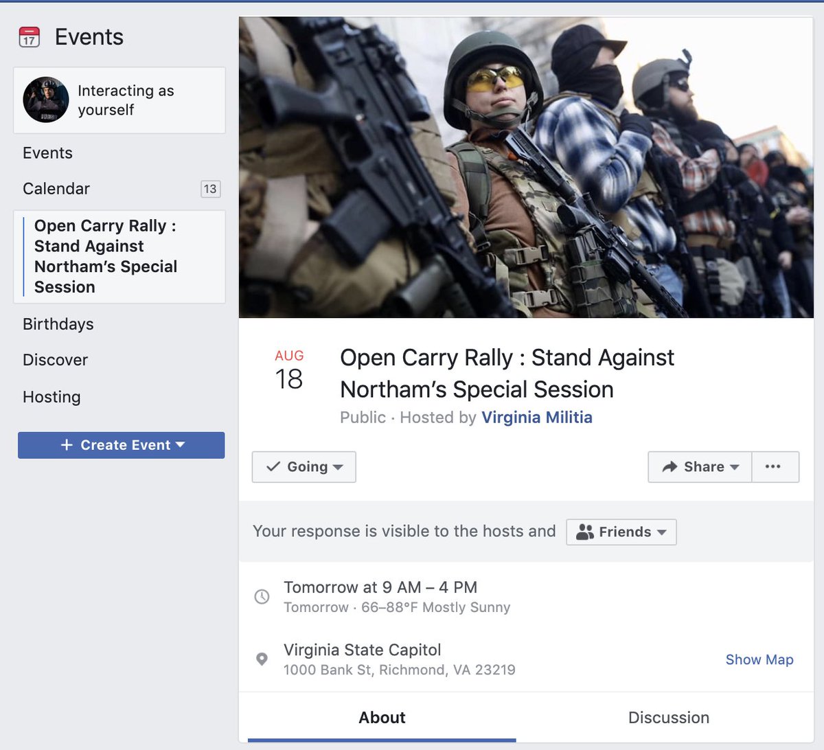 Mike Dunn - the speaker in the previous tweet - is also an organizer of an open carry gun rally in Richmond tomorrow morning as the Virginia General Assembly holds a special session.I plan to cover it live.