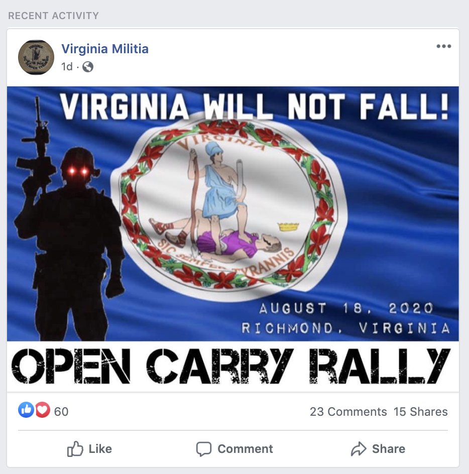 Mike Dunn - the speaker in the previous tweet - is also an organizer of an open carry gun rally in Richmond tomorrow morning as the Virginia General Assembly holds a special session.I plan to cover it live.