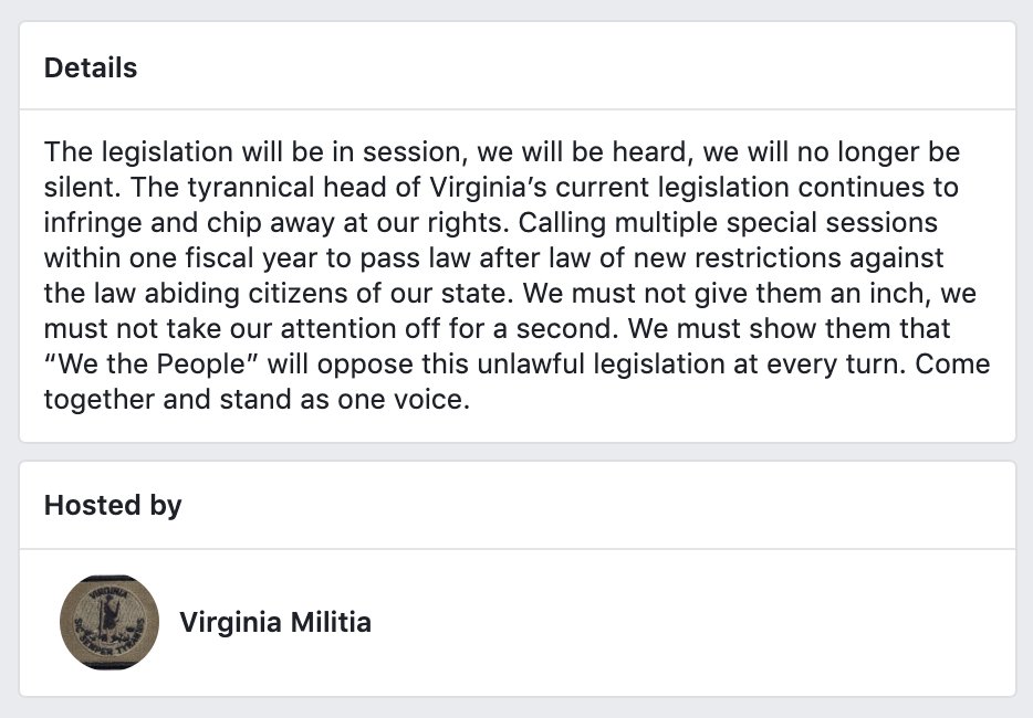 Mike Dunn - the speaker in the previous tweet - is also an organizer of an open carry gun rally in Richmond tomorrow morning as the Virginia General Assembly holds a special session.I plan to cover it live.