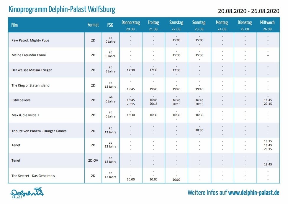 Hier das neue Programm für euch. In der kommenden Kinowoche haben wir aufgrund der Vorpremiere von Tenet auch Mittwoch für euch geöffnet!