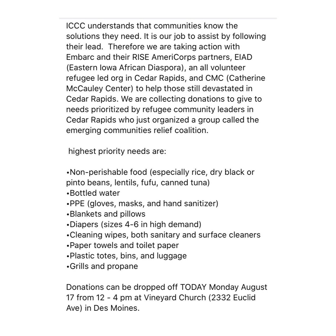 If you would like to support with a monetary donation, please visit: bit.ly/EMBARCDonate. All funds will be going towards Cedar Rapids disaster relief.