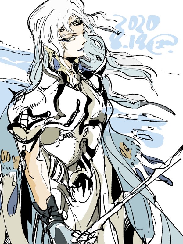 1boy male focus long hair armor solo weapon white hair  illustration images