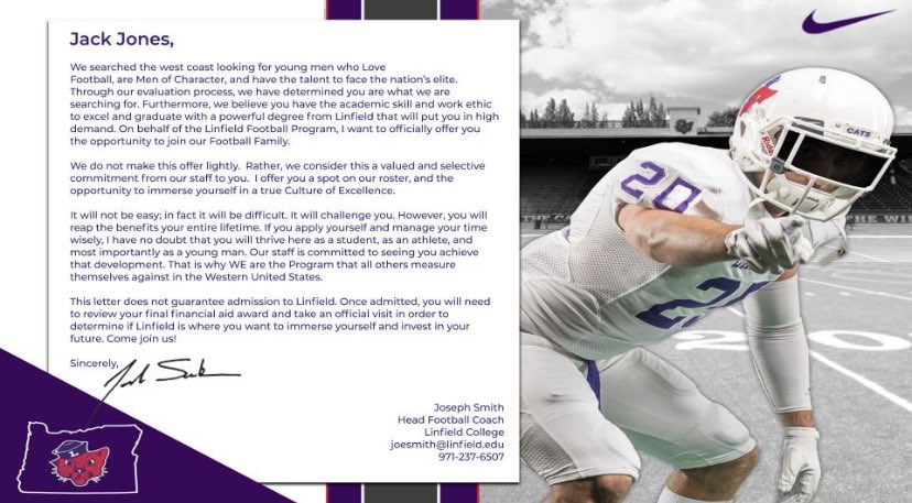 I’m very grateful and excited to announce that I’ve received my first offer from Linfield! #RollCats <a href="/TBirdFootball/">Tumwater ‘Winning’ Football</a> <a href="/wimberlytrain/">Wimberly Training</a> <a href="/LinfieldFB/">Linfield Football</a>