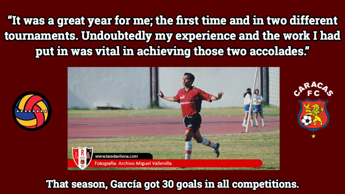 Garcia finished top scorer of the Venezuelan Primera Division five times. Particularly fascinating is the fact that the first time didn't come until Garcia was already 30 years old.A: It was with Caracas, and I also won it in the Copa Merconorte that year, too. (6/17)