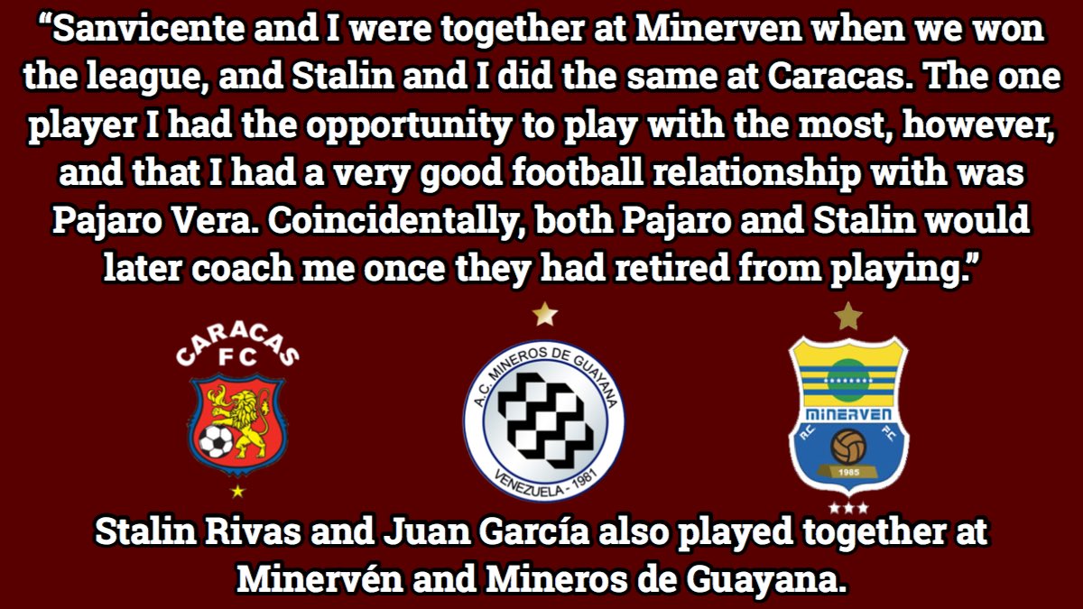 A: There has always been great talent in Bolivar, but I certainly think that Stalin is our reference point as a player and now Sanvicente as a coach. It's a strong state in football terms because they play so much there. That's why they've always produced so much talent. (12/17)