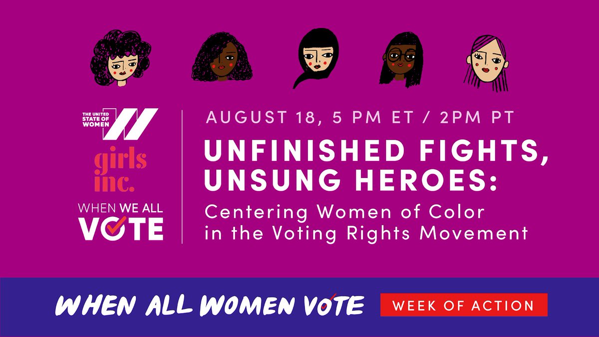 I'm thrilled to join @USOWomen, @WhenWeAllVote and @Girls_Inc's #WhenAllWomenVote panel ‘Unfinished Fights, Unsung Heroes.' We'll discuss the 19th Amendment and the ongoing fight to make sure ALL women can vote. Tune in at 5pm ET tomorrow! RSVP: bit.ly/woapanel