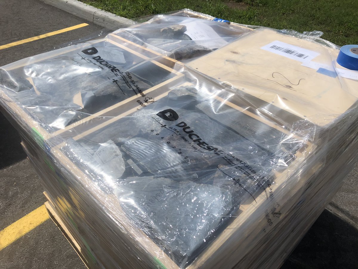 srjbridge's tweet photo. Finally, the @GSC_CGC sample rock collection is on the move. New doors have been installed so pallets can be removed from the old building. These pallets are waiting to be loaded on to trucks. https://t.co/UgUbvOYdvy