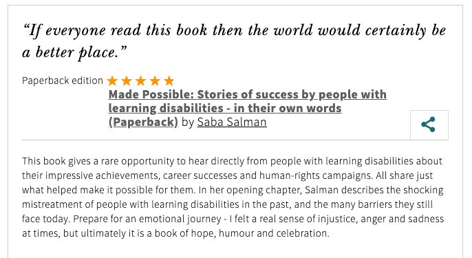 Saba_Salman's tweet photo. *NEW* five star review @Waterstones makes me so happy.

#MadePossible @unbounders ⭐️⭐️⭐️⭐️⭐️

'Prepare for an emotional journey - I felt a real sense of injustice, anger and sadness at times, but ultimately it is a book of hope, humour and celebration.' 
https://t.co/HXjcFxYC0J👇 https://t.co/CJjmgXer6g