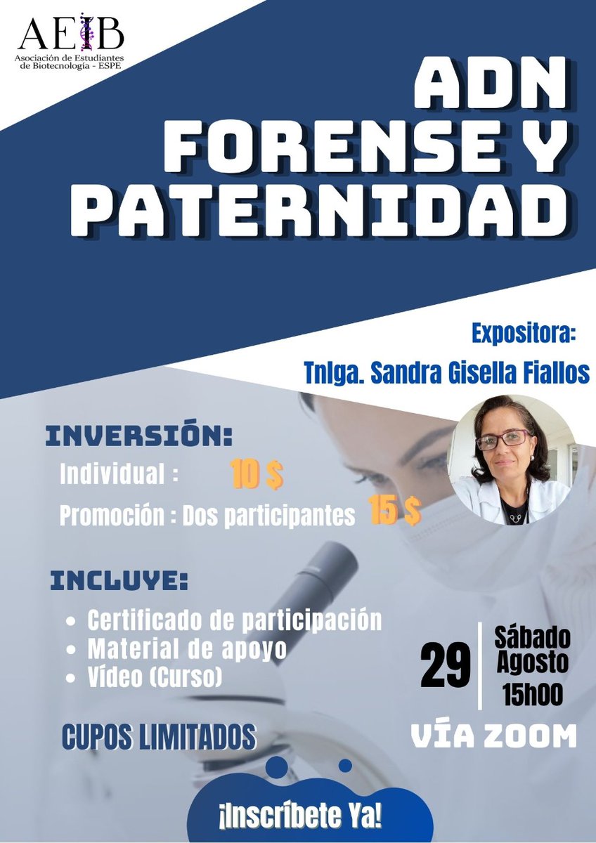 Asociación de Estudiantes AEIB-ESPE (@deaeib) on Twitter photo 🕵🏻♀️El análisis del ADN es el método más fiable para la identificación de personas y relaciones de parentesco! Esta es tu oportunidad 🤩
Link de la inscripción 👇🏻
forms.gle/B46ES4cHLwRVpo…
<a href="/DcdvaE/">DCDVA_ESPEU</a> 🕵🏻♀️El análisis del ADN es el método más fiable para la identificación de personas y relaciones de parentesco! Esta es tu oportunidad 🤩
Link de la inscripción 👇🏻
forms.gle/B46ES4cHLwRVpo…
<a href="/DcdvaE/">DCDVA_ESPEU</a>