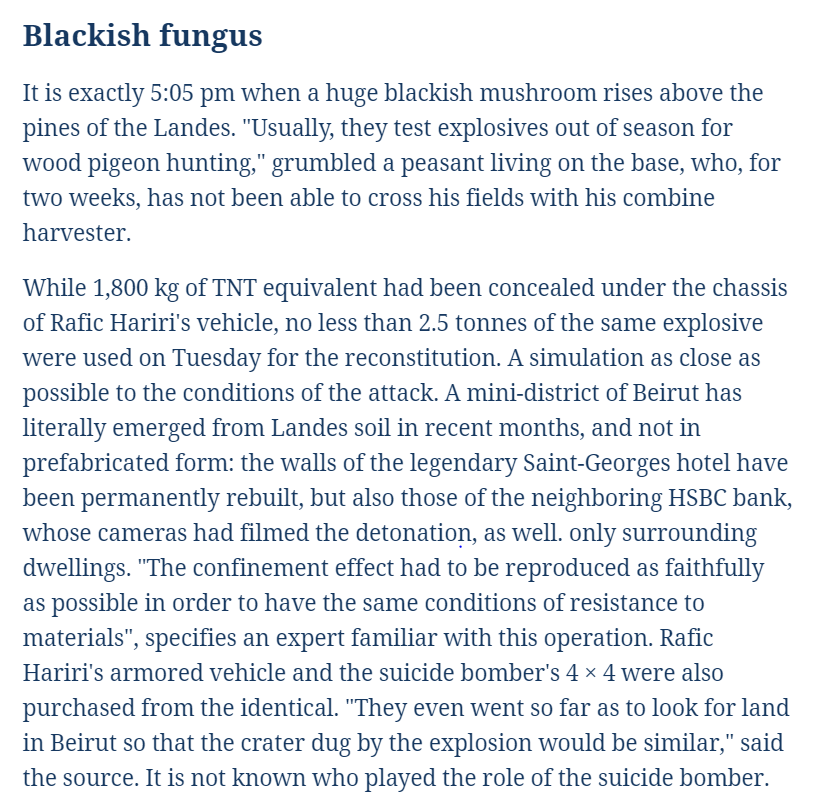 On 19 Oct 2010 under highest security & greatest secrecy, a hundred intl experts observed this scientific reconstruction of Hariri assassination except instead of 1800 kg TNT they used 2.5 tonnes. When detonated at 17:05, locals reported seeing "an enormous blackish mushroom"20/