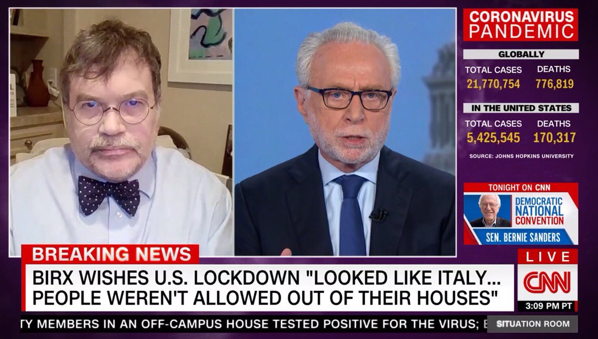 1/2 Many thanks ⁦ @wolfblitzer⁩ for hosting me ⁦ @CNNSitRoom⁩ as we reach a grim milestone of 170,000 deaths. I reacted to misleading WH statement that Americans would not “react well” to prohibitions, as they invoked what I termed some twisted version of de Tocqueville