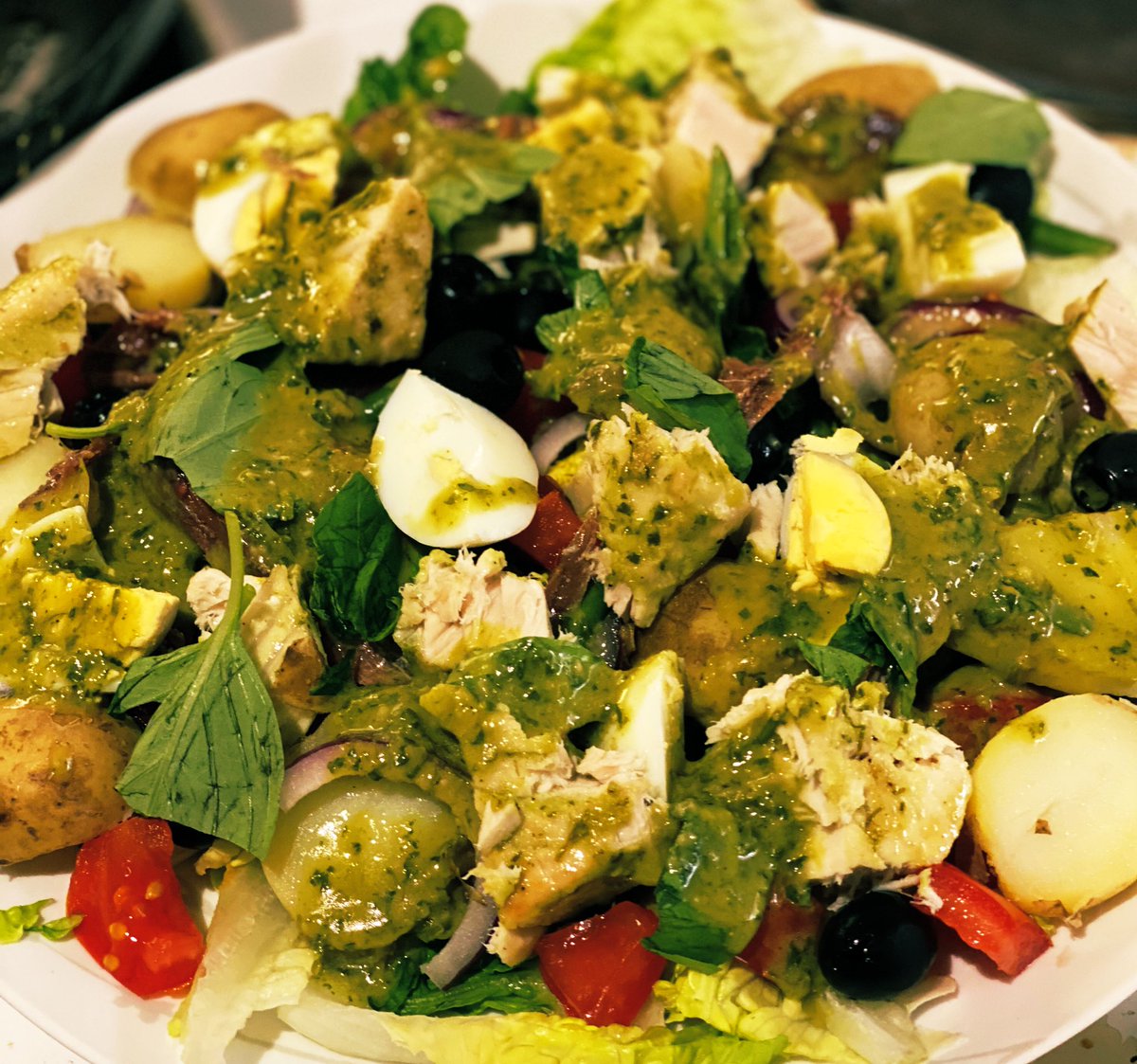 MGsKitchen's tweet photo. Coming soon. Salad Nicoise with anchovies, tuna and a dressing to die for. Check in with @itunes @acast @spotify https://t.co/74Hmw45ViR
