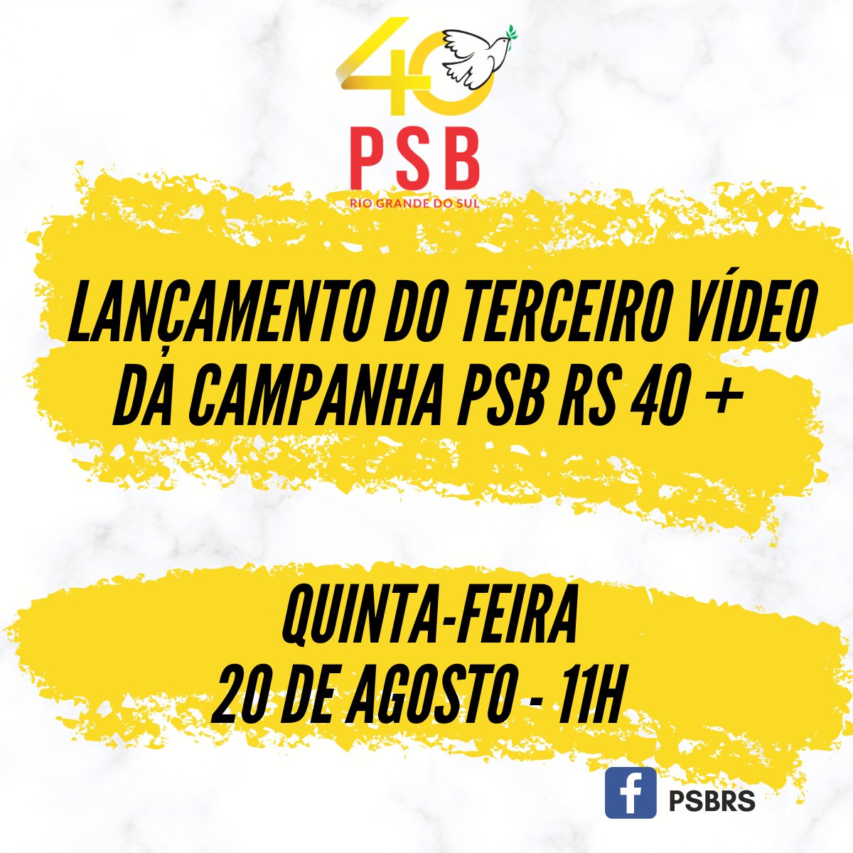 psbrs's tweet photo. Nesta quinta-feira, 20 de agosto, às 11h, acontece o lançamento do terceiro vídeo da campanha institucional PSB RS 40+. Acompanhe pelas nossas redes sociais e ajude a divulgar. #PSBRS #PSBRS40+ https://t.co/5BEAz27Uz8