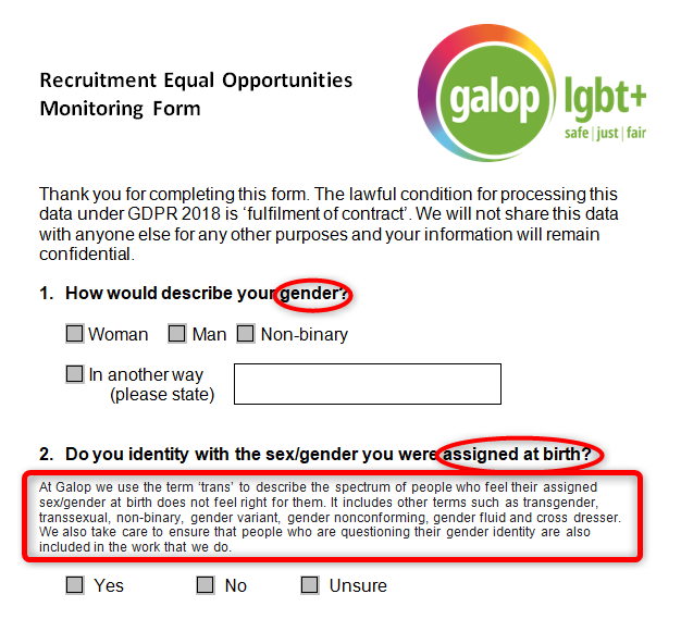 ..."How would describe [sic] your gender?" and include the options, 'Woman', 'Man', 'Non-binary' and 'In another way'.2/13