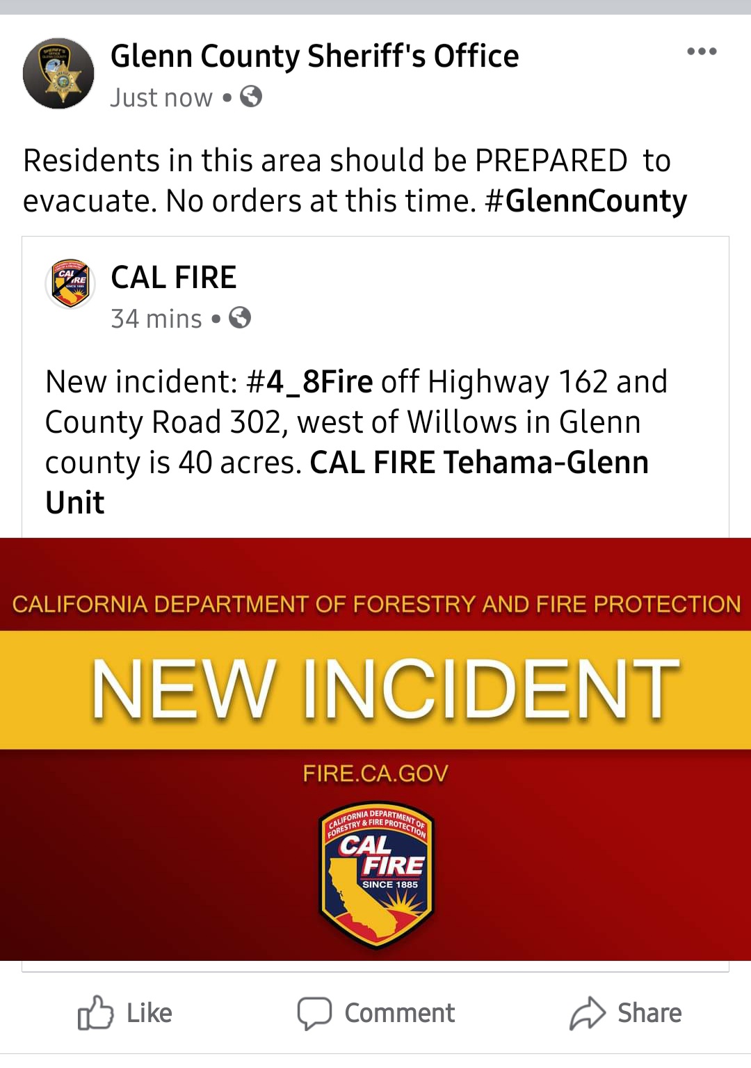 Glenn County OES a Twitteren "Be prepared to evacuate if you live on