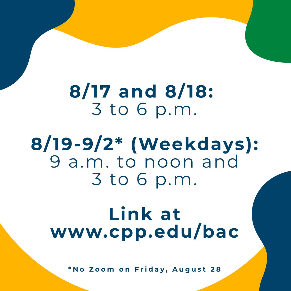 cppbac's tweet image. Starting on Wednesday, August 19 through Monday, September 2*, we’ll be available from 9 a.m. to noon and 3 to 6 p.m. If you log on towards the end of the time blocks, you may need to call, email, DM or log on later.