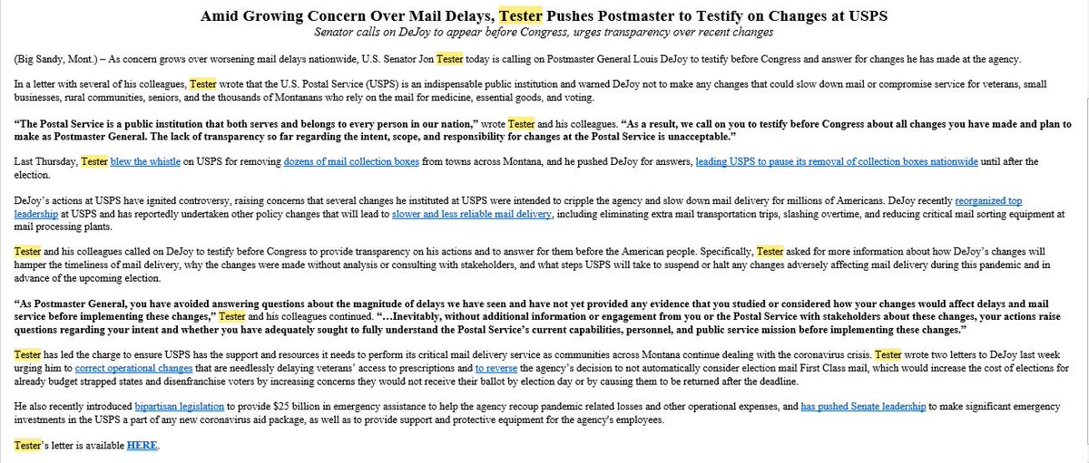 This morning,  @SenatorTester issued a new press release about a letter the Senate Democratic Caucus signed on to pushing for Postmaster General Louis DeJoy to testify before Congress.  #mtnews  #USPS  #mtpol